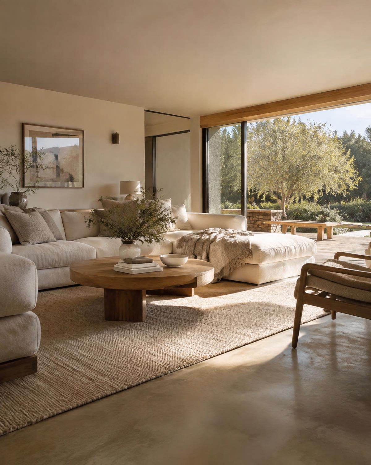 Sala de estar clara aberta para o jardim